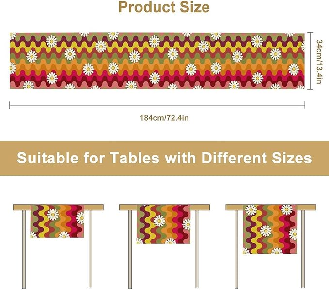 Vintage Floral Table Runner,60s 70s Colorful Retro Abstract Hippie Print Table Runner for Kitchen Dining Table Home Party Decoration 13x108 Inch