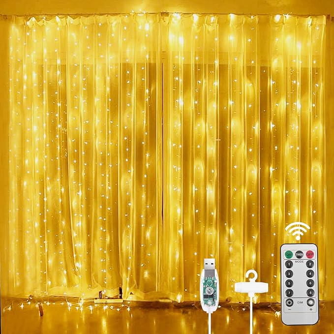 AOMIG Fairy Curtain Lights,300 LED Warm White Window Curtain String Light,8 Modes 9.8×9.8Ft Waterproof Curtain String Light USB Powered with Remote Control,Christmas String Lights for Indoor/Outdoor
