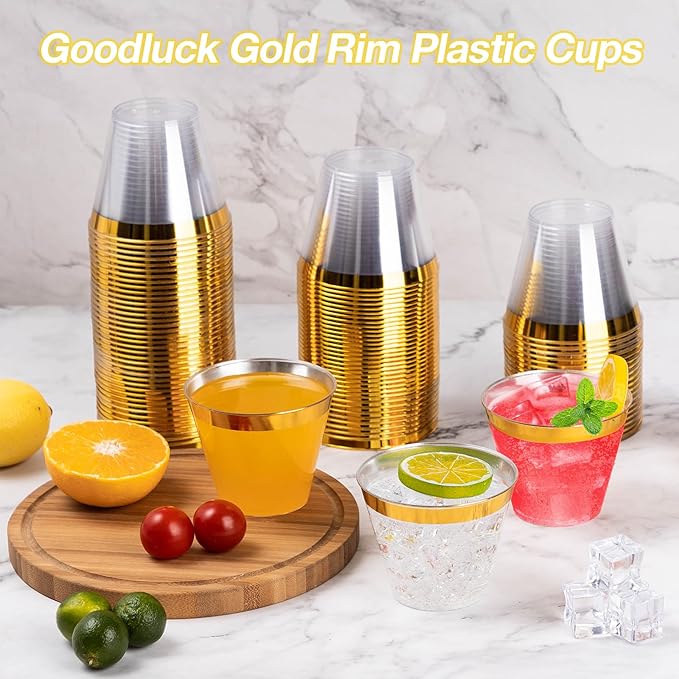 Goodluck 50PCS 9oz Gold Disposable Cups, Plastic Cups with Gold Rim, Cocktail Cups for Wedding, Party and Birthday