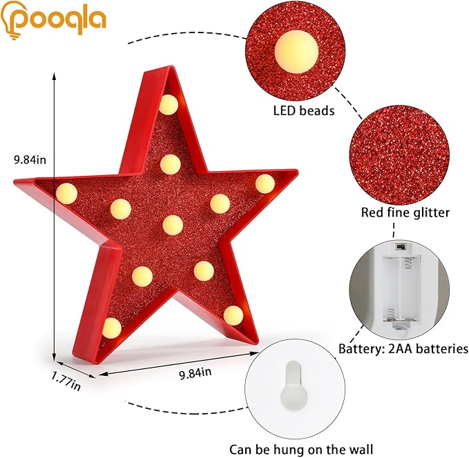 Pooqla Star Marquee Lights, Glitter LED Marquee, Red Light Up Star - Battery Powered Night Light for Birthday Party, Wedding, Christmas Decoration