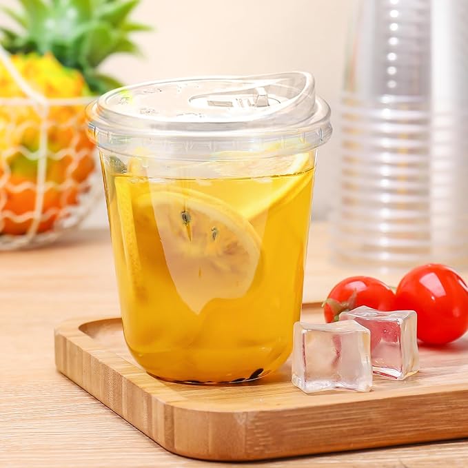 12oz Disposable Stemless Glasses With Strawless Sip Lids,PET Disposable Drinking Cups,Clear Plastic Wine Glasses for Parties Birthday,Wedding,Meeting,Christmas Party Supplies. (100, Transparent)