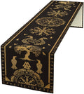 Viking Tree of Life Abstract Table Runner for Living Room Home Party Coffee Dining Party Wedding Golden Black Celtic Style Geometric Dragon Boat Rudder Ancient Script Table Runner 13x36 Inch