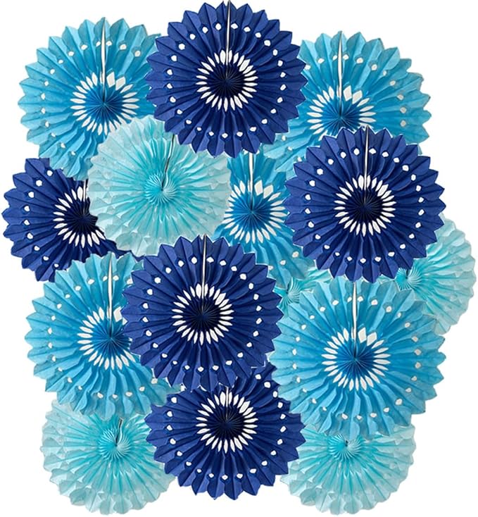 15pcs Blue Tissue Paper Fans Set - 10'' 12'' 14'' Round Honeycomb Fans for Party, Birthday, Wedding Events