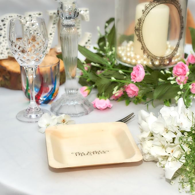 Mrs. and Mrs. Disposable Wedding Plates – Rustic, Compostable Alternative to Plastic Plates for Wedding Receptions, Engagement Parties, and Rehearsal Dinners (Appetizer, 50-Pack)