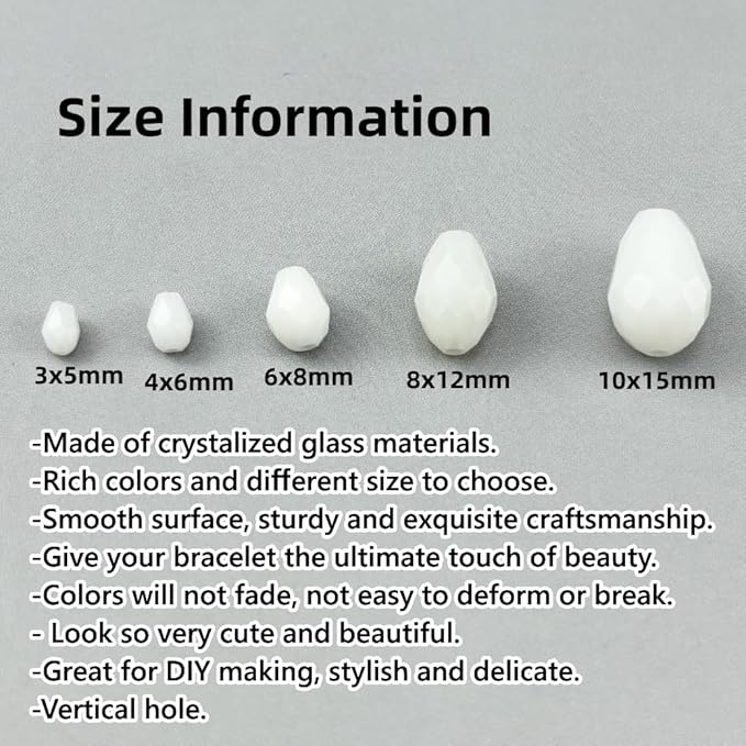 200pcs 3x5mm Teardrop Crystal Glass Beads for Jewelry Making, Faceted Vertical Hole Teardrop Glass Spacer Beads for Wind Chimes Bracelet Earring Necklace DIY Craft(White)