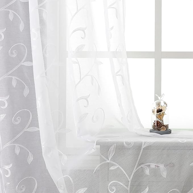 VISIONTEX White Leaves Sheer Voile Curtains, Decorative Embroidery Rod Pocket Window Drapes for Home Living Room and Bedroom 54 x 84 Inch, Set of 2 Curtain Panels