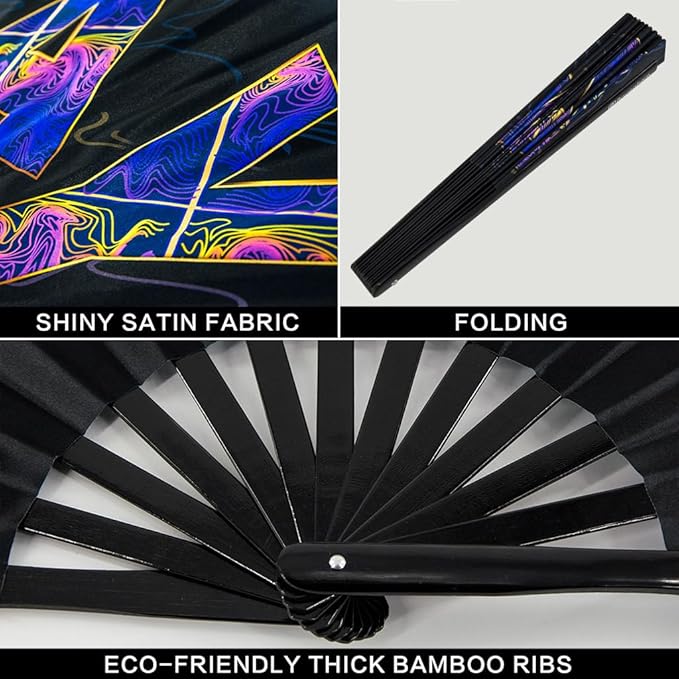 UV Glow Rave Fan, Bamboo Folding Clack Hand Fans Foldable for Men Women, Boots on the Ground Poping Fan for EDM Festival Line Dance Decoration, (Slay, Large 13")
