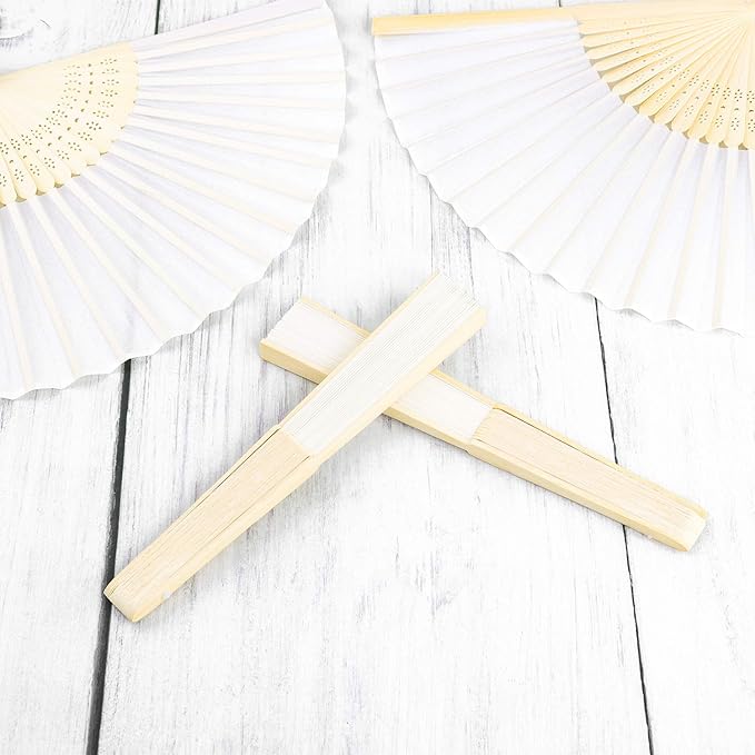 URATOT 36 Pieces White Folding Fans Silk Bamboo Folding Fans Handheld Fans for Wedding, Party Decoration