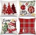 GEEORY Winter Christmas Throw Pillow Covers 18 x 18 Inch Set of 4, Xmas Trees Snowflake Snowman Joy Holiday Farmhouse Decorative Cushion Cases for Home Decoration G583-18