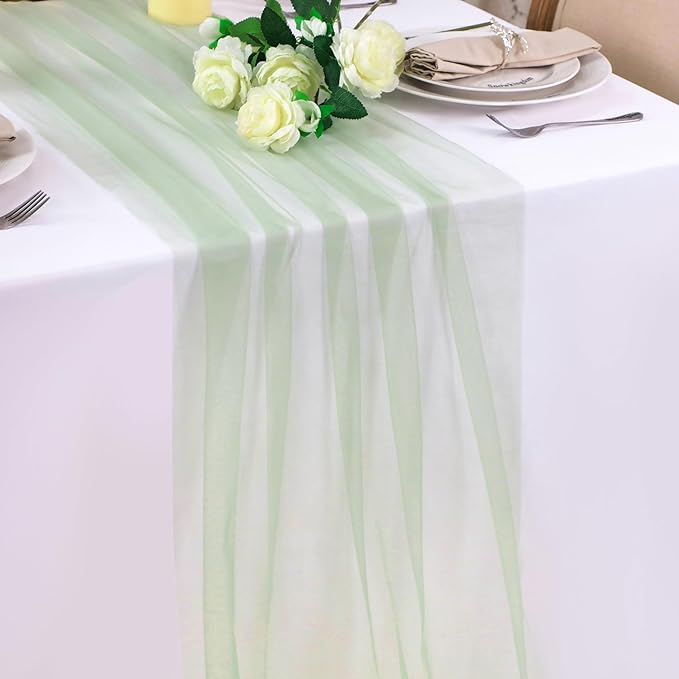 Snowkingdom Sage Green Table Runner, 10 FT Sheer Tulle Cheesecloth Gauze, Boho Rustic Table Centerpieces Decoration for Spring Wedding Baby Bridal Shower Christmas Party
