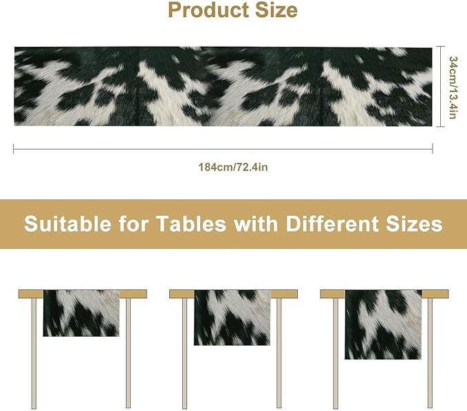 Cow Skin Print Table Runner, Rustic Country Farm Fur Skin Cowhide Pattern Western Style Black White Print Table Runner for Home Kitchen Dinning, 13x36 Inch