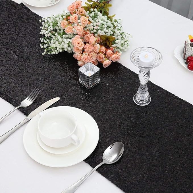Black Table Runners Sparkly Halloween Table Runner 10 Packs 12x108 Inches Glitter Sequin Fabric for Birthday Party Holiday Supplies Decorations