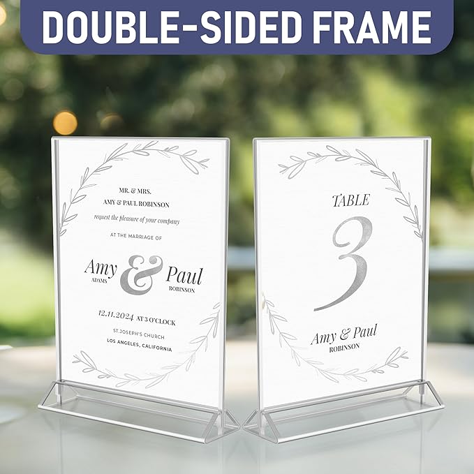Silver Picture Frames Double-Sided, 6-Pack 8.5x11 Acrylic Table Number Holders, Clear Easel Stands for Signs, Silver Frames for Wedding Table Numbers, Menu Holders, Photo Displays for Events and Décor