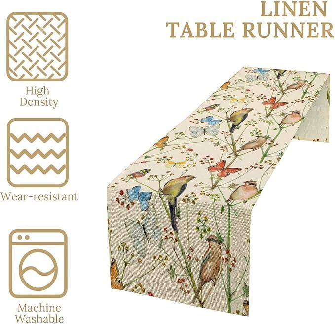 Brown Bird Floral Table Runner Spring Flower Kitchen Table Decoration Suitable for Family Dinner Decoration 13x36 Inch