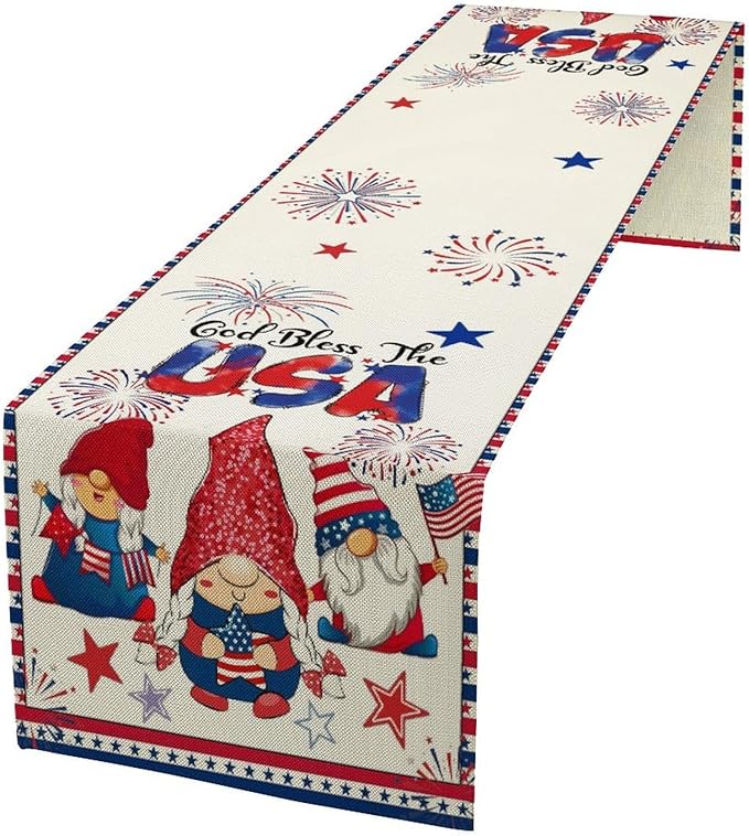 Cute Patriotic Gnomes Table Runner, American Independence Day 4th of July Gnome Blue Red Fireworks Confetti Print Table Runner for Home Kitchen Dining Table Party Decor, 13x36inch