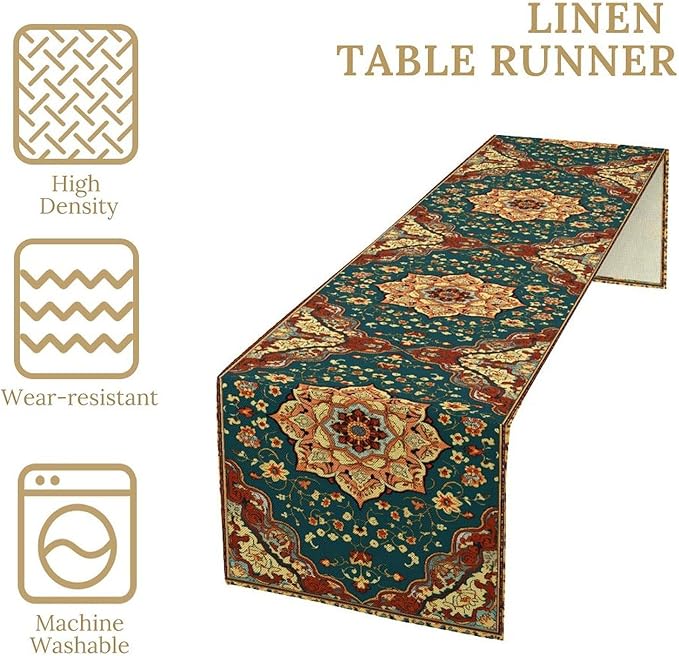 Boho Rich Table Runner, Vintage Blue Teal Gold Retro Flower Rustic Country Style Floral Print Pattern for Home Kitchen Table Decor Dining Coffee Room Garden Party Decor 13x72in