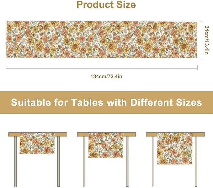 Vintage Floral Table Runner,Boho 70s Style Retro Daisies Flower Table Runner for Kitchen Dining Table Home Party Decoration 13x108 Inch