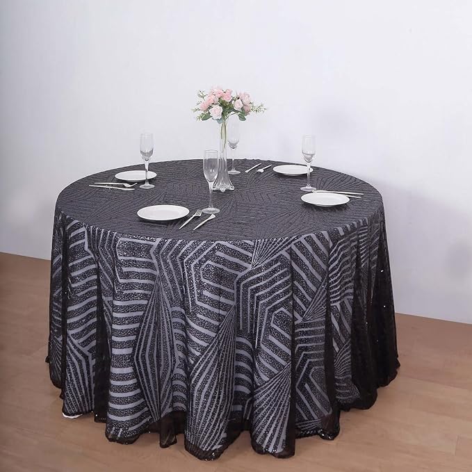 Efavormart 120" Black Sparkly Sequin Geometric Tulle Round Tablecloth