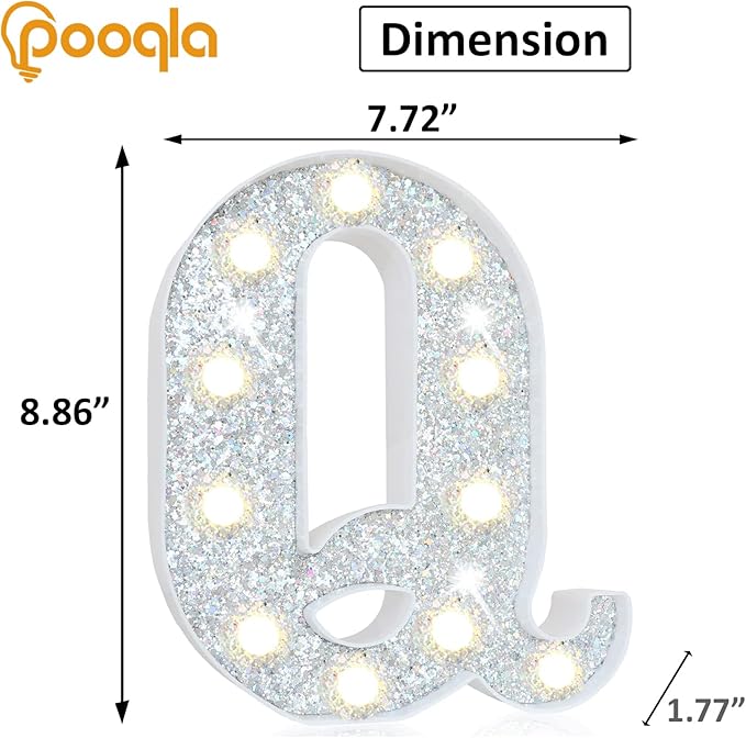 Pooqla Light Up Letters, LED Marquee Letters for Silver Birthday Decorations, Battery Powered Night Light Teenager Girl Room Decor, Gift for Girls Boys Wedding Bedroom Christmas Party Decor, Letter Q