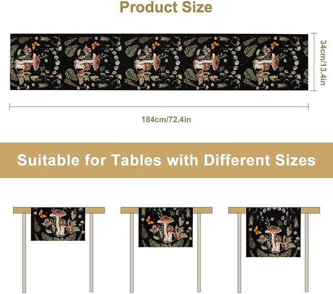 Mushroom Kitchen Table Runner, Boho Vintage Wild Flower Gothic Witchy Moonlit Forest Plant Table Runner for Bedroom Living Room Kitchen Dinner Table, 13x36 Inch