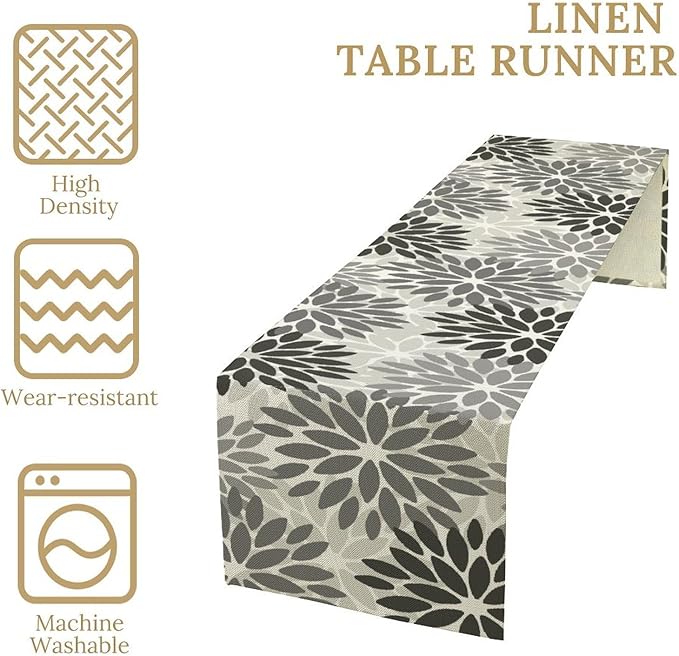 Gray Dahlia Flower Table Runner, Vintage Modern Linen Geometric Pattern Floral Table Runner Spring for Farmhouse Kitchen Dining Party Holiday Party, 13x60 Inch