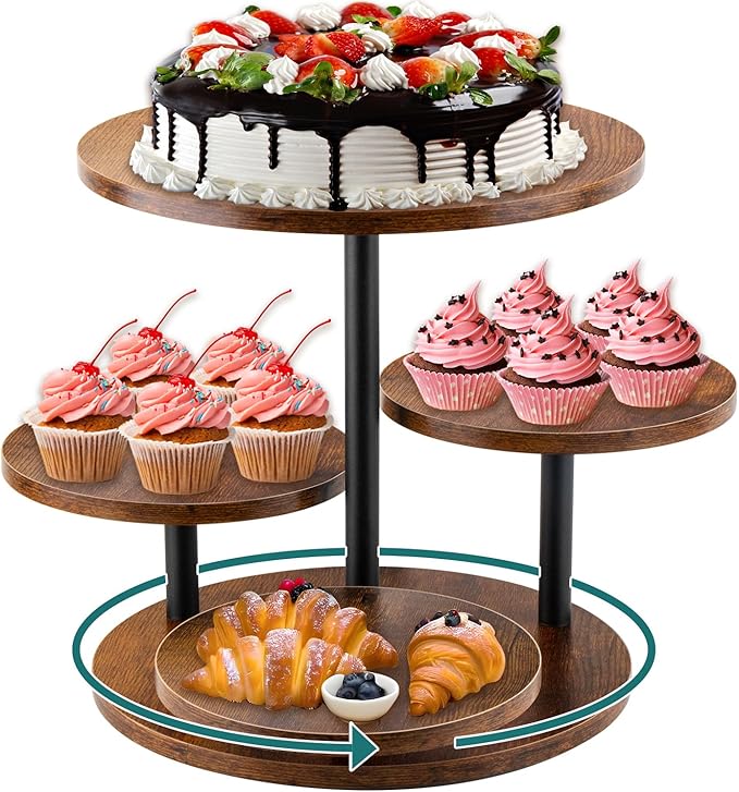 Rustic 4-Tier Rotating Wooden Cupcake Tower Stand for 50-60 Cupcakes, Elegant Dessert Display Tray for Parties, Weddings, and Celebrations