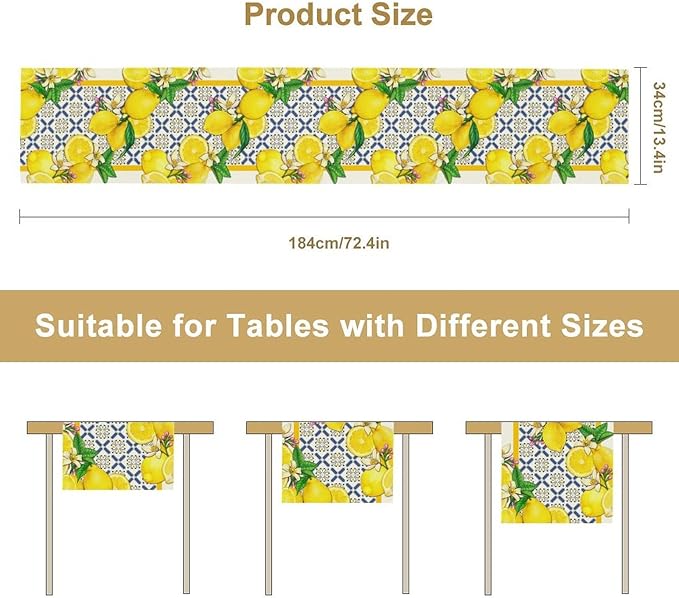 Lemon Table Runner,Spring Summer Seasonal Yellow Blue Table Runner for Kitchen Dining Table Home Party Decoration 13x72 Inch