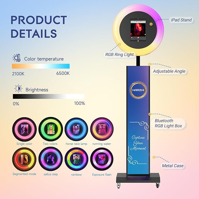 HARZHI Portable Photo Booth Compatible with Ipad, Large Lightbox Ipad Photo Booth for Christmas Wedding Party Provide ChackTok Software APP VIP, Free Custom Logo, Flight Case