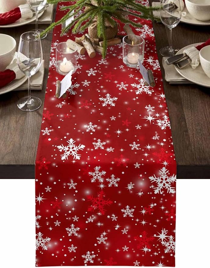 Christmas Snowflakes Cotton Linen Table Runner for Dining Kitchen, Red Xmas Winter Snow Wedding Outdoor Party Tablerunners Decoration, New Year Dresser Scarf Coffee Tablecloth Runners 13x72 Inches