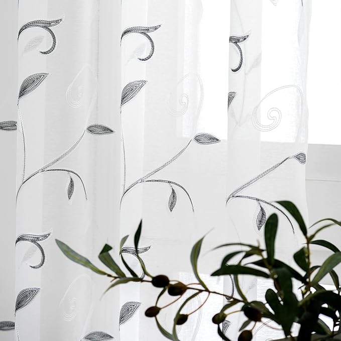 VISIONTEX White Sheer Voile Curtains Loop Embroidered, Decorative Grey Leaves Embroidery Faux Linen, Rod Pocket Window Drapes for Rustic Farmhouse Bedroom 54 x 84 Inch, Set of 2 Panels