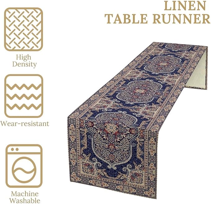 Boho Floral Vintage Table Runner, Blue Purple Retro Flower Rustic Country Farmhouse Pattern for Home Kitchen Table Decor Dining Coffee Room Party Decor 13x120in