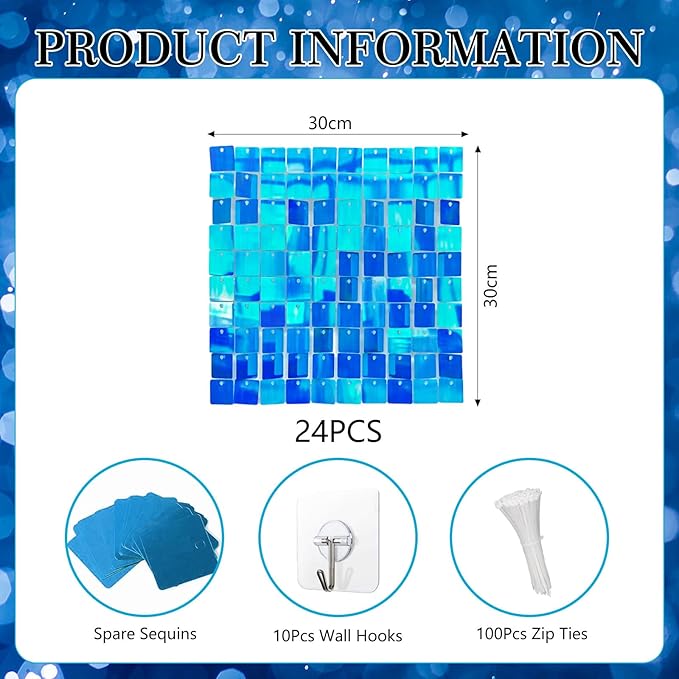 24PCS Colorful Lake Blue Shimmer Wall Backdrop, Square Sequin Photo Backdrops Panel, Glitter Wall Background for Birthdays, Weddings, Christmas, Engagements, Disco Bachelorette Party Decor (3FTx4FT)