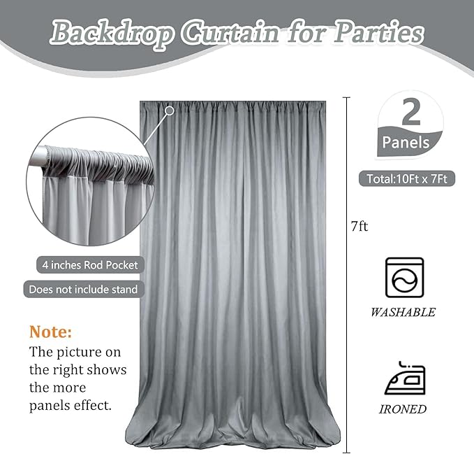 10 x 7 Feet Grey Backdrop Curtain for Partie, Background Curtains for Photoshoot, Birthday, Wedding, Halloween, Thanksgiving, Christmas Day, New Year Party Decorations 5Ft x 7Ft, 2 Panels