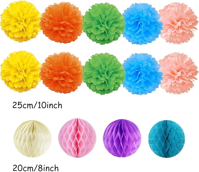 Hanging Paper Fans Tissue Paper Pom Poms Flower and Honeycomb Balls for Birthday Party Wedding Festival Christmas Decorations - Colorful