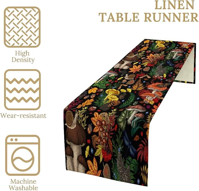 Nature Mushroom Table Runner,Retro Boho Floral Botanical Plant Forest Pattern Print Tablecloth Burlap for Hotel Indoors Outdoor Dining Room Kitchen Holiday Party, 13x108in