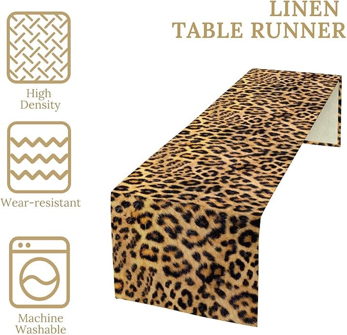 Leopard Print Dinning Table Runner, Cotton Linen Rustic Cottage Country Farm Safari Wildlife Fur Print Table Runners for Table Dresser Runner Dinning Kitchen Party Holidays Home, 13x90 Inch