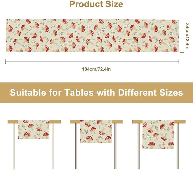 Mushroom Table Runner,Vintage Plant Print Table Runner for Kitchen Dining Table Home Party Decoration 13x90 Inch