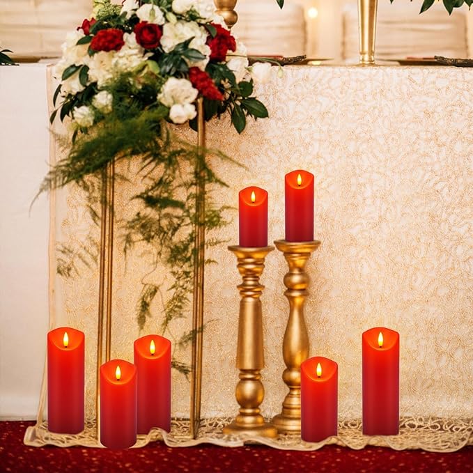 24 Pack Christmas Decoration Flickering Flameless Candles,LED Candles Battery Operated Pillar Candles with Remote Control.for New Year, Home Decor, Parties,Wedding(D2.2 xH 5" 6" 7" Red)