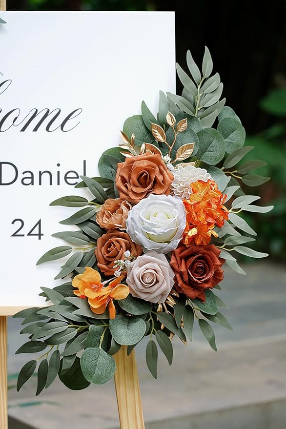 Artificial Flower Swag Set of 2 for Wedding Welcome Signs Floral Decorations, Burnt Orange Wedding Arch Flowers for Wedding Ceremony