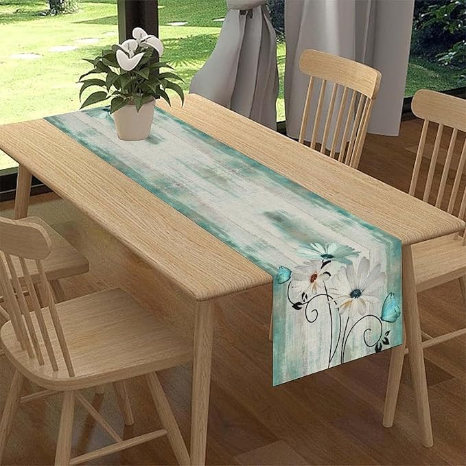 Daisy Floral Table Runner, Farmhouse Spring Seasonal Summer Teal Green White Flower Rustic Abstract Table Center Decor for Home Kitchen Dining Holiday Party Indoor Table Decorations, 13"x108" Inch