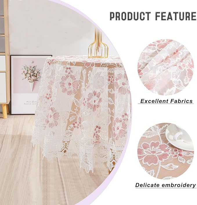 Round Embroidered Lace Tablecloth Vintage Decorative Exquisite Border Table Cover for Party Wedding Home Decorations, Round-60, White