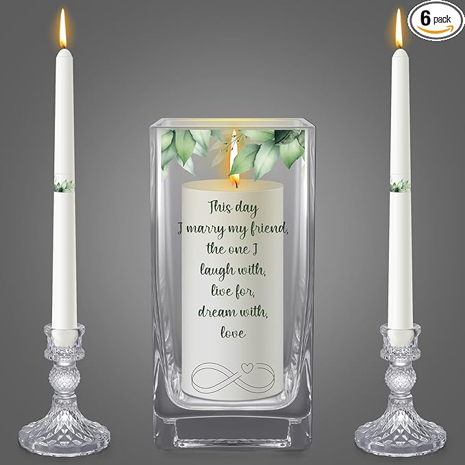 Unity Wedding Candles with Holder Wedding Ceremony Unity Candles Set Catholic Religious Accessories Large Decorative Glass Holder Taper for Church(Green Leaf)