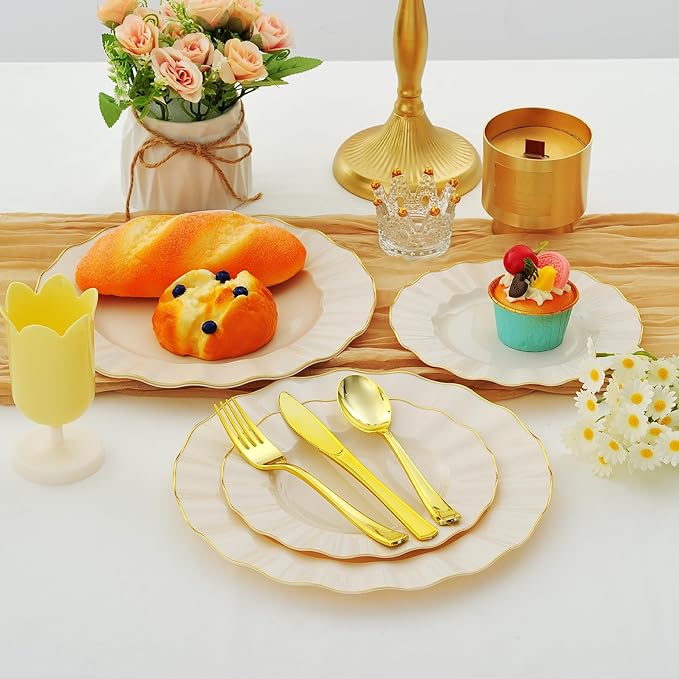 60Pcs Heavy Weight Ivory Plastic Plates with Gold Trim, Heavy Duty Wedding Plates, Elegant Disposable Plate Sets include 30 10" Dinner & 30 7" Dessert Plates for Party & Wedding(30 Guests)
