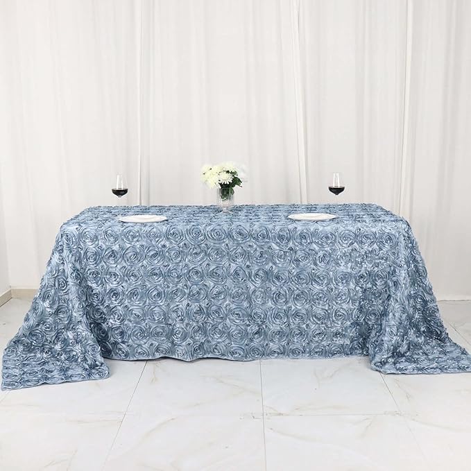 Efavormart 90"X132" Dusty Blue Grandiose 3D Rosette Satin Rectangle Tablecloth for Wedding Party Event