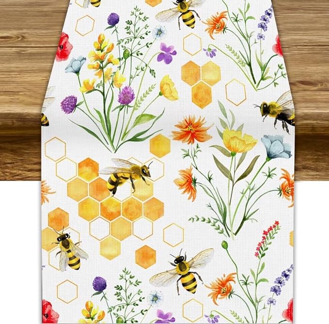 Summer Bee Table Runner, Seasonal Spring Wildflowers Bee Yellow Honeycombs Farmhouse Table Runner for Kitchen Dining Table Home Party Decor, 13x70inch