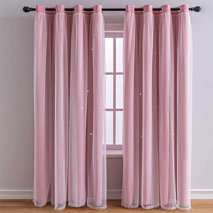 FANLI 2 Panels Star Blackout Curtains for Kid Girls Bedroom Living Room Darking Stripe Double Layer Star Cut Out Wall Home Decor Gradient Grommet Window Curtains (Pink 95L)