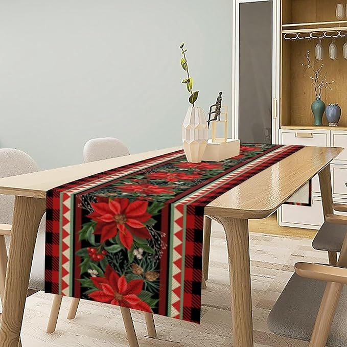 Christmas Table Runner,Seasonal Winter Xmas Holiday Plaid Table Cloth Kitchen Dining Table Decoration for Home Party Decor 13x90 Inch