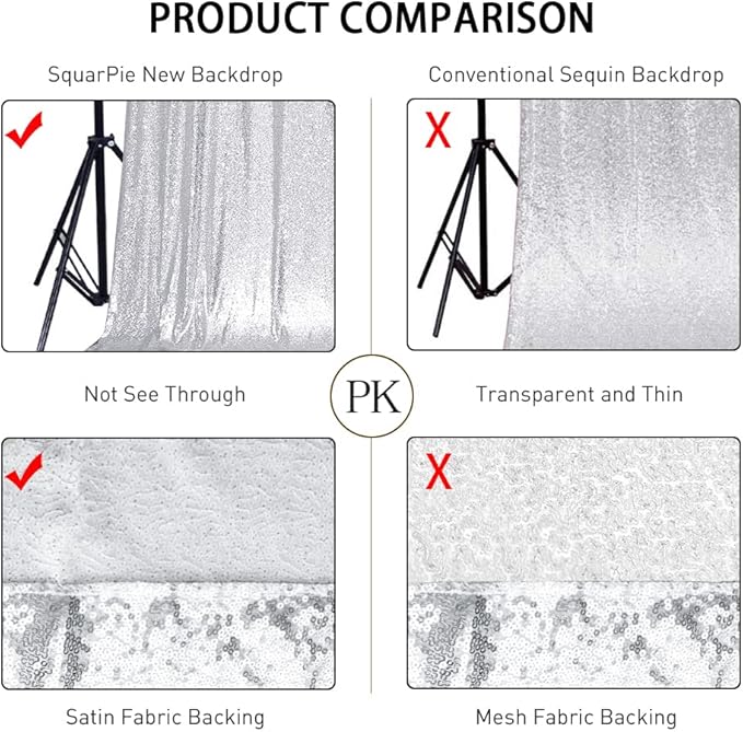 SquarePie Sequin Backdrop Not See Through Thick Background Glitter Curtain Party 7FT x 7FT Silver