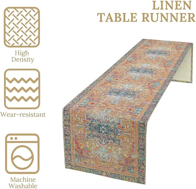 Boho Floral Vintage Table Runner, Orange Retro Flower Rustic Country Farmhouse Abstract Pattern for Home Kitchen Table Decor Dining Coffee Room Party Decor 13x72in