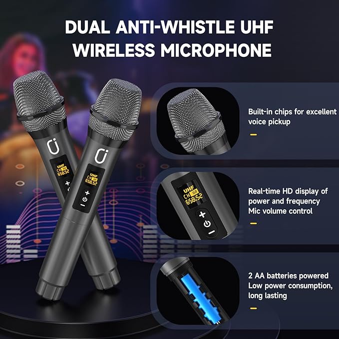 Karaoke Machine for Adults Kids, Bluetooth Speaker with 2 Karaoke Microphones, Bass/Treble Adjustment, Portable PA System with Remote Control/LED Lights for Home Party, Support USB/AUX/REC/TWS